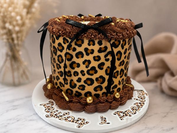 Chic gluten-free leopard print cake with gold accents and elegant details.