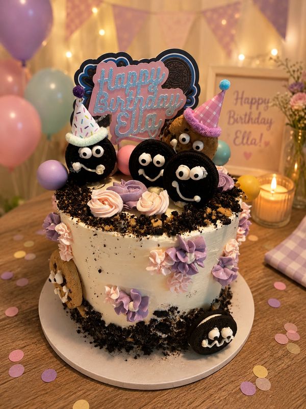 Gluten-free cookies and cream cake with playful cookie decorations.