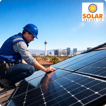 Technician inspecting solar panels on a rooftop with cityscape in the background.