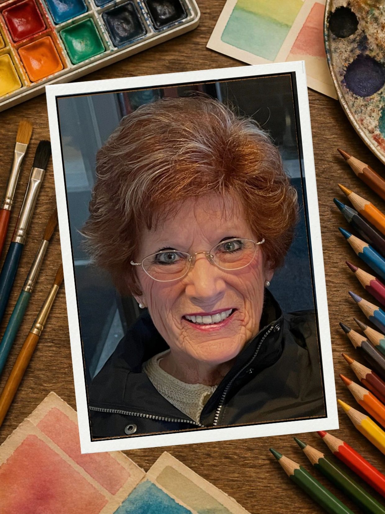 A smiling elderly woman in a photo surrounded by art supplies.