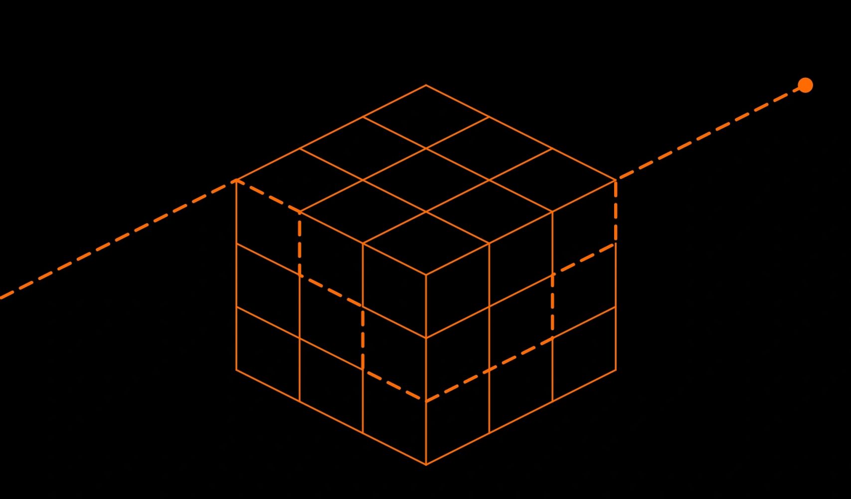 Orange wireframe rubiks cube with dashed diagonal on black background serving as metaphor for Pathway and Proof.