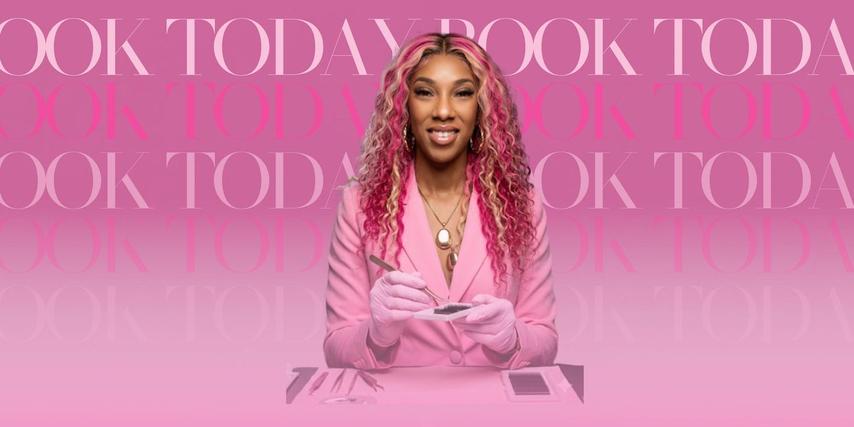 Smiling woman in pink with tools, promoting bookings.