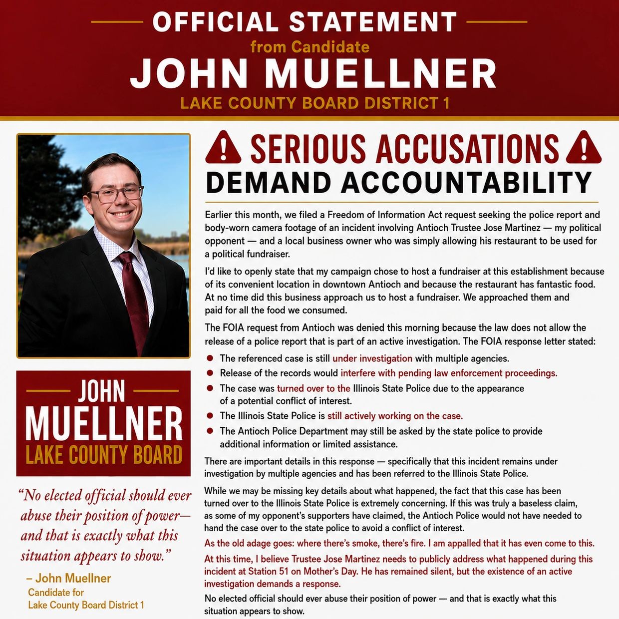 John Muellner issues a statement demanding accountability over serious accusations involving a political opponent and an ongoing investigation.
