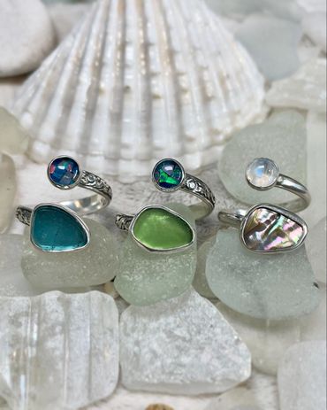 Beach Glass and Gemstone Wrap Rings in sterling silver by Robin. $225 and up