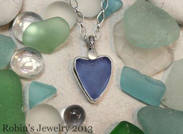 Heart Shaped Cornflower Blue Beach Glass necklace with Moonstone in sterling silver (sold 2013)