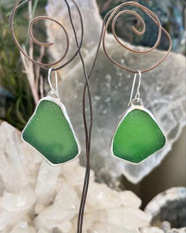 Green Beach Glass Earrings in sterling silver by Robin. Available! $295 (pic 1)
