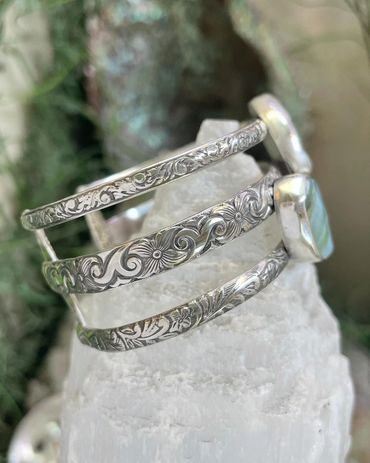 Triple Band Cuff Bracelet with Peruvian Opal, Beach Glass and Abalone Shell (sold 2025) (pic 5)