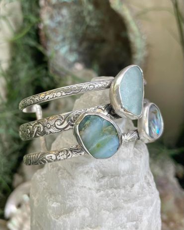 Triple Band Cuff Bracelet with Peruvian Opal, Beach Glass and Abalone Shell. (sold 2025) (pic 6)