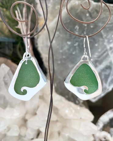 Green Beach Glass Earrings with Wave cut-outs, in sterling silver by Robin. Available! $295 (pic 2)