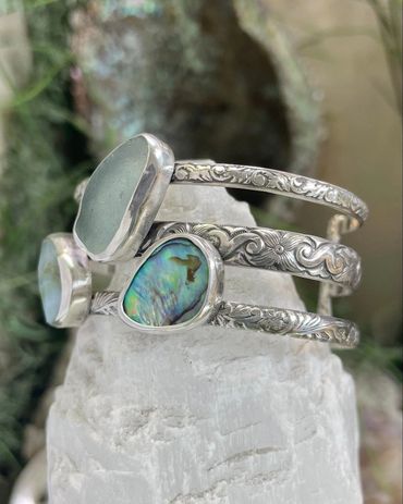 Triple Band Cuff Bracelet with Peruvian Opal, Beach Glass and Abalone Shell (sold 2025) (pic 2)