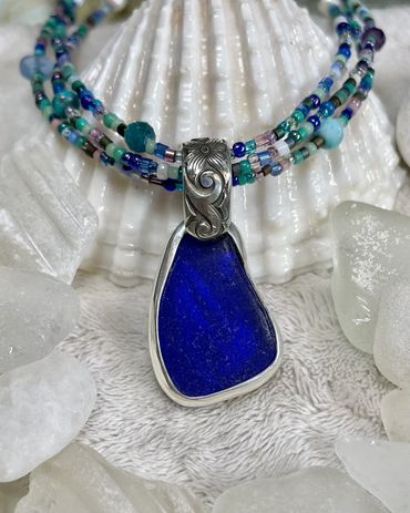 Deep Cobalt Blue Beach Glass Triple Strand Necklace. Available! $525 (pic 1)