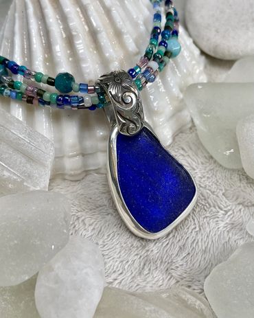 Deep Cobalt Blue Beach Glass Triple Strand Necklace. Available! $525 (pic 2)