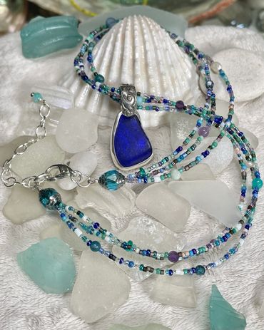 Deep Cobalt Blue Beach Glass Triple Strand Necklace. Available! $525 (pic 3)