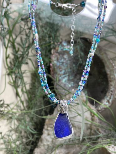 Deep Cobalt Blue Beach Glass Triple Strand Necklace. Available! $525 (pic 5)