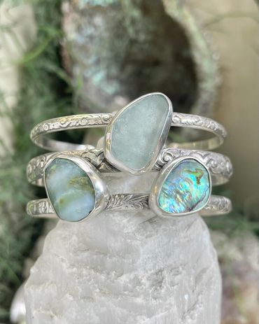 Triple Band Cuff Bracelet with Peruvian Opal, Beach Glass and Abalone Shell (sold 2025) (pic 1)
