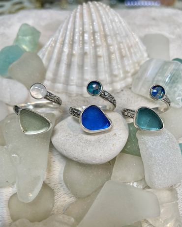 Beach Glass and Gemstone Wrap Rings in sterling silver by Robin. $225