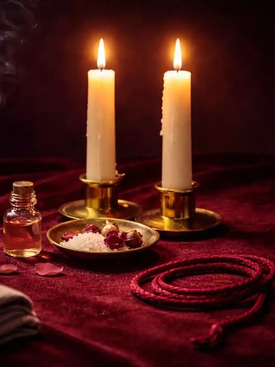 Two lit candles in brass holders with aromatic items on a velvet surface.