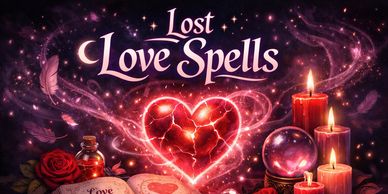 Mystical scene with glowing heart, candles, and love spell items.