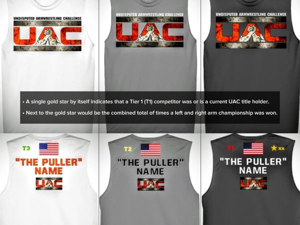 UAC armwrestling shirts show competitor tiers and championships with stars and numbers.