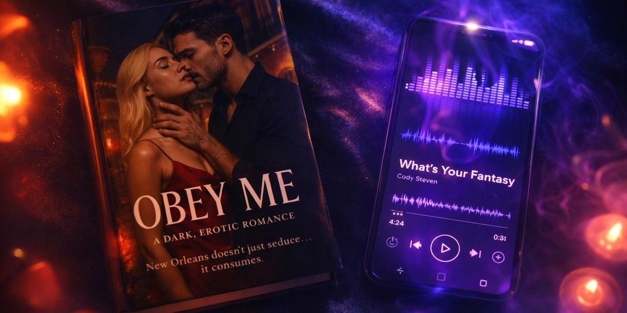 A steamy romance novel and a phone playing a sensual song, set in a moody, candle-lit atmosphere.