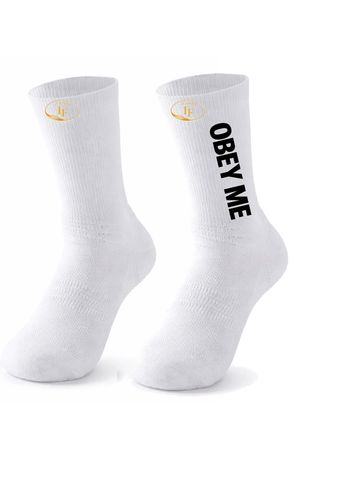 White socks with 'OBEY ME' printed in bold black letters.
