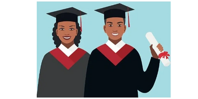 An African American female and male in a cap and gown with the male holding a degree. 