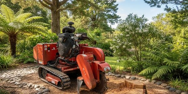 A red stump grinder machine near a freshly cut tree stump in a garden.