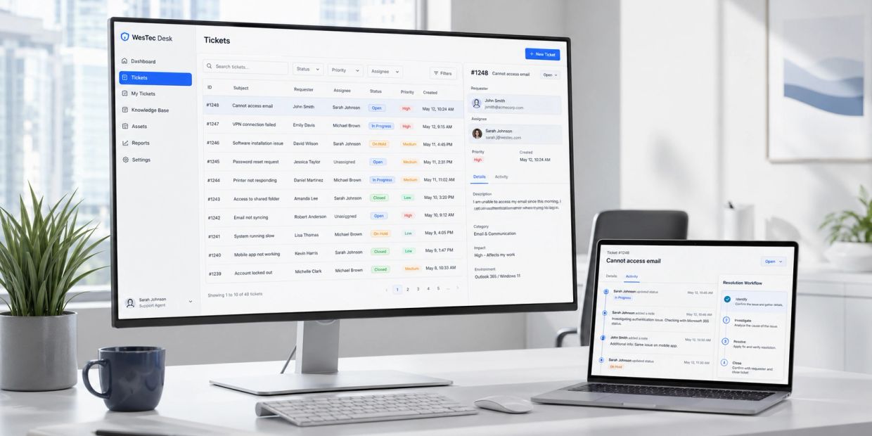 WesTec Desk ticket dashboard: status, priority, assignment, activity, and resolution workflow.