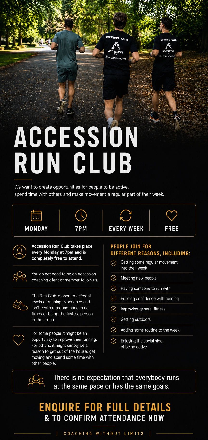 Three men running in a park wearing Accession Run Club shirts.