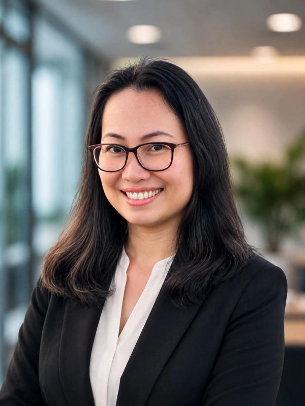 Smiling woman in glasses and business attire.