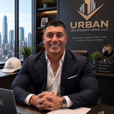 Businessman smiling in office with city view and Urban Integrations sign.