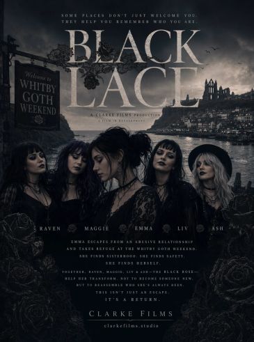 Promotional poster for the film Black Lace with five gothic women at Whitby.