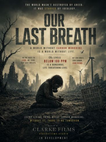 A dystopian poster warning about carbon monoxide and climate change.