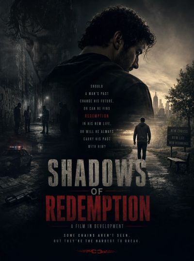 Movie poster for Shadows of Redemption showing a man in shadows and a cityscape.