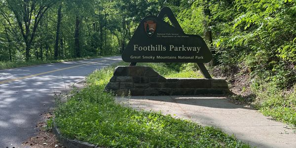 Entrance sign for Foothills Parkway in Great Smoky Mountains National Park.