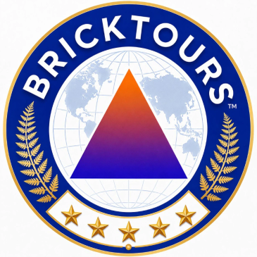 Logo featuring a gradient triangle and the text 'BRICKTOURS' with a world map background.
