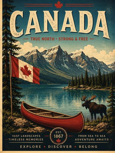 Vintage-style Canadian poster with mountains, a moose, a canoe, and a waving flag.