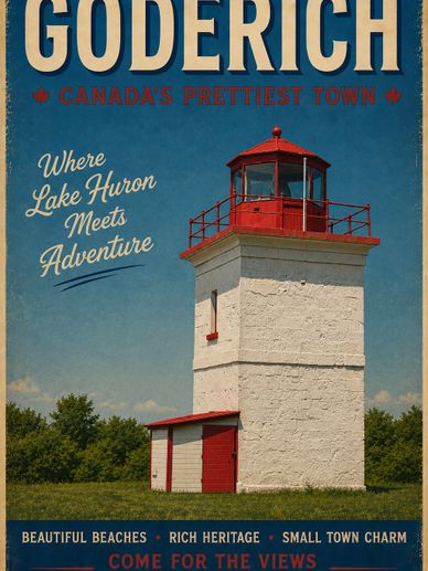 Goderich lighthouse with red roof against blue sky, promoting Canada's prettiest town.