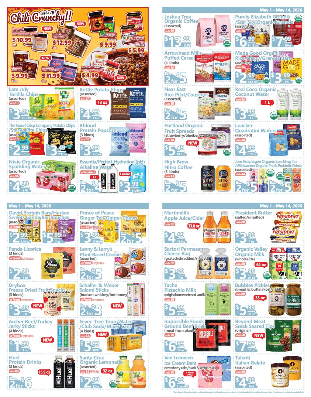 Grocery store flyer featuring snacks, drinks, and organic products on sale from May 1-14, 2026.