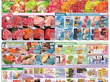 Colorful supermarket flyer showcasing fresh produce, seafood, meats, Japanese specialties, and grocery deals.