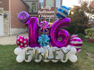 Custom lawn balloon decor - Balloon Marquee with name and numbers "Sweet 16" theme 