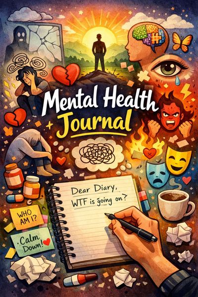 Colorful mental health chaos meets journaling therapy—because 'WTF am I feeling?' is valid.
