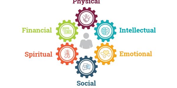 Diagram showing six essential wellness dimensions: Physical, Intellectual, Emotional, Social, Spiritual, Financial.