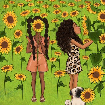 2 multiracial, multicultural, black girls and their pet Pug stop to smell the sunflower.