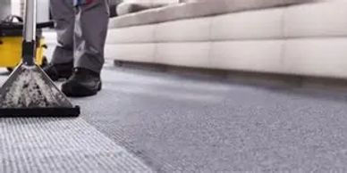 Professional cleaning of a carpeted floor using specialized equipment.