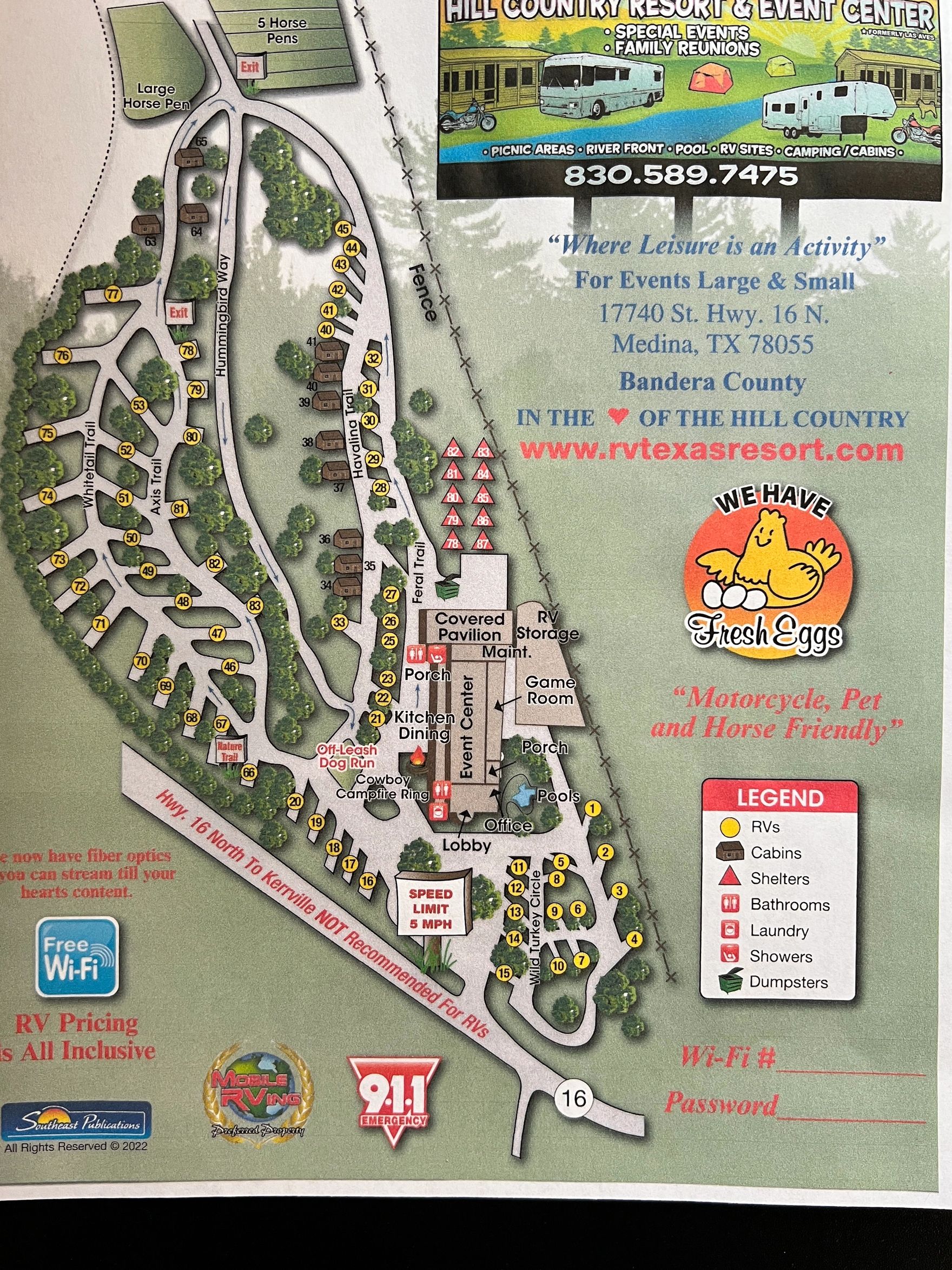 Map of Hill Country Resort &amp; Event Center in Medina, TX with RV sites, cabins, and amenities.
