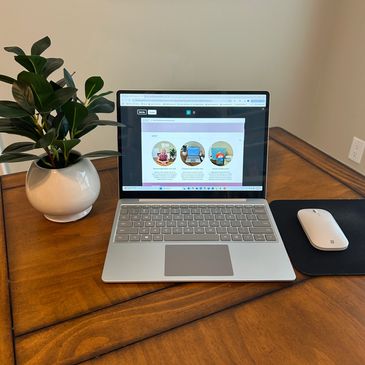 A laptop on a wooden table with a plant and a mouse beside it.