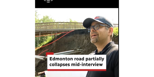 CBC Edmonton TikTok thumbnail showing Raf Tenderenda beside the 137 Avenue roadway collapse at Horse