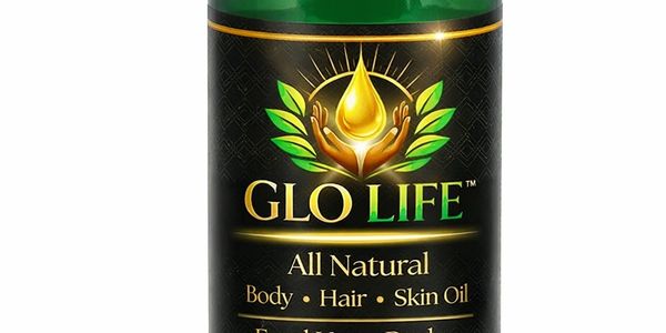Bottle of GLO LIFE all natural body, hair, and skin oil.