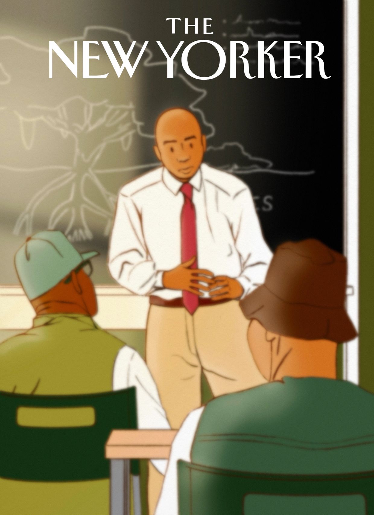 Man in a white shirt and red tie addressing two seated men in hats in a classroom.
